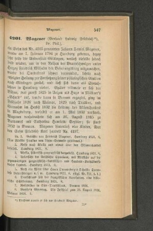 4201. Wagener (Gerhard Ludwig Friedrich *), Dr. Phil.)