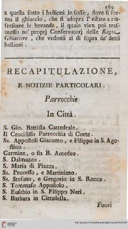 Recapitulazione, e notizie particolari
