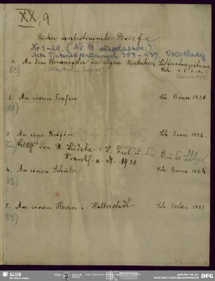 Bd.9: Schlegels ungebundener (jetzt auch gebundener) Briefwechsel, alphabetisch geordnet. Bisher unbestimmte Briefe.