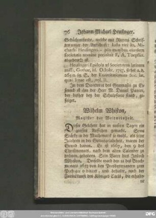 Wilhelm Whiston, Magister der Weltweisheit.