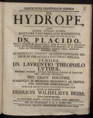 Dissertatio Inauguralis Medica De Hydrope