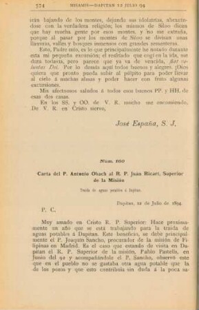 Núm. 160. Carta del P. Antonio Obach al R. P. Juan Ricart, Superior de la Misión