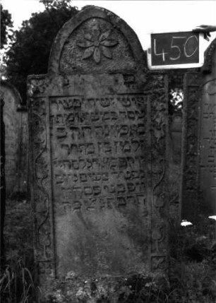 Grabstein 450 (Index: 100102723) Material: Sandstein Zustand: unten leicht verwittert, sonst gut erhalten Maße HxBxT: 151x46x13 cm Beschreibung: Stele, eingezogener Spitzbogenabschluss, im Bogen Blüte, Schriftfeld rechteckig eingetieft, am Rand Blütenfries Symbolik: Blüten: Grabstein 450