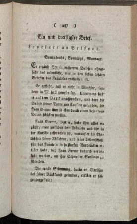 Ein und dreißigster Brief. Lovelace an Belford. - Vier und dreißigster Brief. Clarissa an Fräulein Howe.
