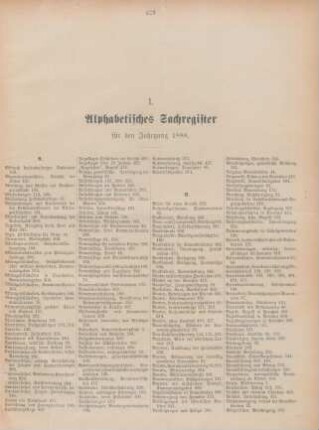 I. Alphabetisches Sachregister für den Jahrgang 1888