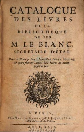 Catalogue de Livres de la Bibliothéque de ... M. LeBlanc