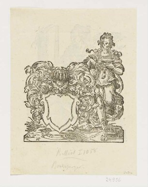 Allegorische Frauenfigur mit leerem Wappen, aus: "Insignia sacrae Caesareae Maiestatis", Frankfurt 1579, S. 184 verso