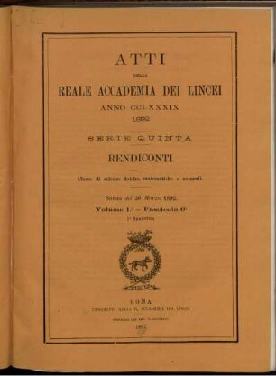 Seduta del 20 Marzo 1892 Volume I. - Fascicolo 6.