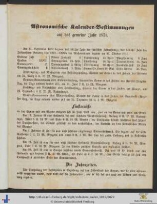 Astronomische Kalender-Bestimmungen auf das gemeine Jahr 1851.