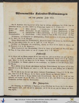 Astronomische Kalender-Bestimmungen auf das gemeine Jahr 1851.