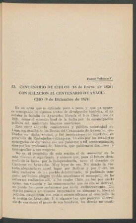 El Centenario de Chiloé con relación al Centenario de Ayacucho