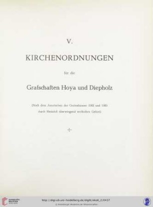 V. Kirchenordnungen für die Grafschaften Hoya und Diepholz