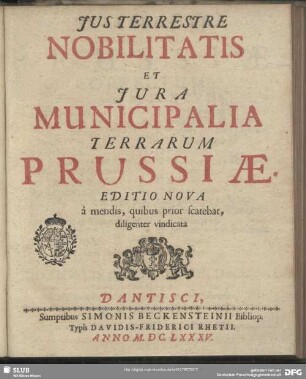 Jus Terrestre Nobilitatis Et Jura Municipalia Terrarum Prussiae
