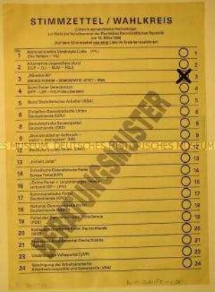 Wahlflugblatt von Bündnis 90 zur Volkskammerwahl 1990 mit Muster eines Stimmzettels