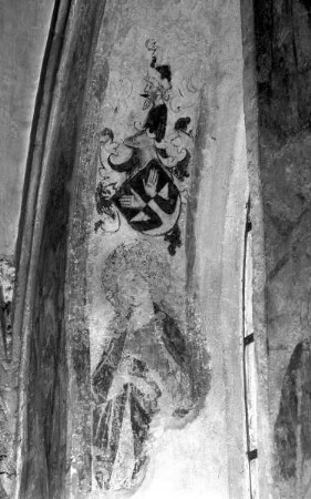 Die heilige Elisabeth und Wappen in der linken Fensterlaibung