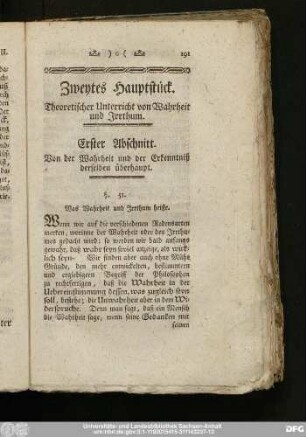 Zweytes Hauptstück. Theoretischer Unterricht von Wahrheit und Irrthum.