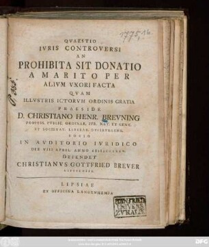 Qvaestio Ivris Controversi An Prohibita Sit Donatio a Marito Per Alivm Vxori Facta