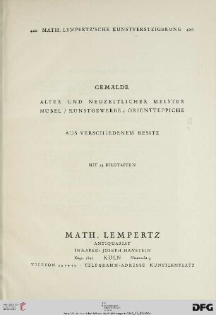 Nr. 420: Math. Lempertz'sche Kunstversteigerung: Gemälde alter und neuzeitlicher Meister : Möbel, Kunstgewerbe, Orientteppiche aus verschiedenem Besitz ; 2. und 3. Juni 1943