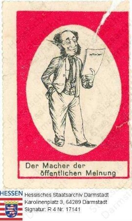 Bevölkerungsgruppen, Juden / Antisemitismus, Karikatur eines jüdischen Journalisten auf Farbaufkleber (Briefverschlussmarke?)