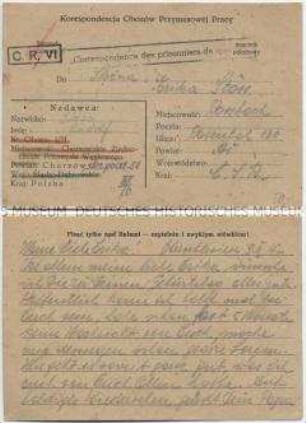 Handgeschriebene Vordruck-Postkarte aus einem Lager im besetzten Polen