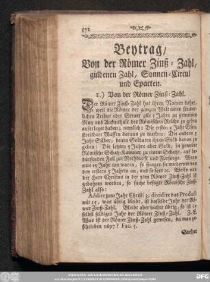 Beytrag, Von der Römer Zinß-Zahl, güldenen Zahl, Sonnen- Circul und Epacten.