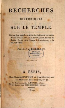 Recherches historiques sur le Temple