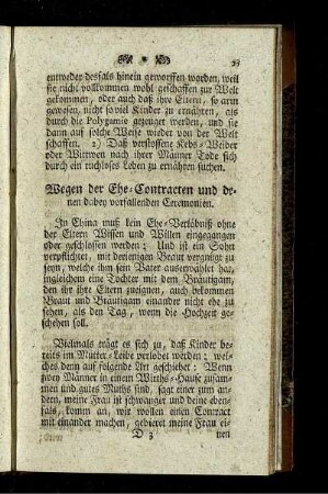 Wegen der Ehe-Contracten und denen dabey vorfallenden Ceremonien.