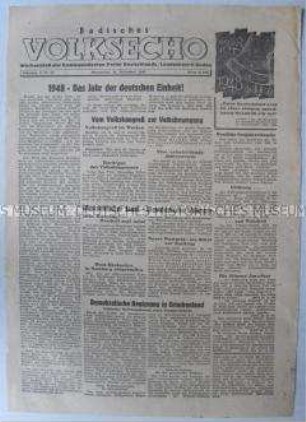 Wochenzeitung der KPD Baden "Badisches Volksecho" u.a. zur deutschen Einheit