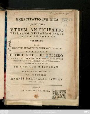 Exercitatio Iuridica Quaestionem Utrum Anticipatio Usurarum, Usurariam Pravitatem Involvat Continens