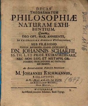 Decas Theorematum Philosophiae Naturam Exhibentium