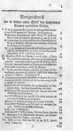 Verzeichniß der in diesem ersten Stück des funfzehnten Bandes recensirten Bücher.