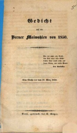 Gedicht auf die Berner Maiwahlen von 1850