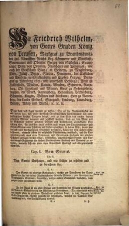 Königlich Preußisches Reglement, wie es in Absicht auf die Einquartirung des Militairs, die Polizey in Bezug auf dasselbe, und die Servis-Abgabe in den Fürstenthümern Ansbach und Bayreuth gehalten werden soll : De dato Potsdam, den 31. October 1796.