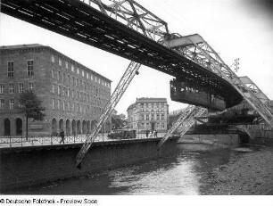 Trasse der Schwebebahn über der Wupper : Wuppertal-Elberfeld. Trasse der Schwebebahn über der Wupper an der Station Alexanderbrücke, links Islandufer mit Gebäude der Industrie- und Handelskammer