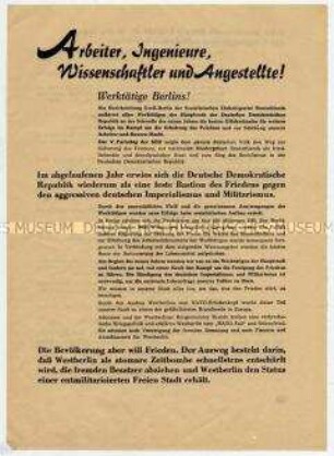 Aufruf der SED an Berliner Werktätige, für entmilitarisierte Stadt Westberlin und Erfüllung des Volkswirtschaftsplans
