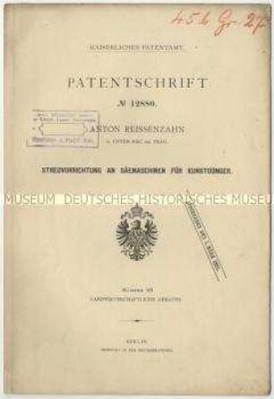Patentschrift einer Steuervorrichtung an Sämaschinen für Kunstdünger, Patent-Nr. 12880