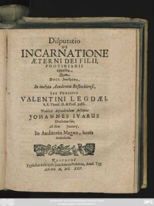 Disputatio De Incarnatione Aeterni Dei Filii Photinianis opposita