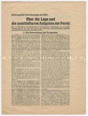 Sonderdruck mit dem Beschluss des ZK der SED zur Lage nach dem 17. Juni 1953