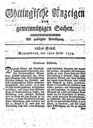 28stes Stück. Sonnabend, den 15ten Julii 1775.