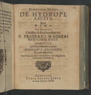 Dispvtatio Medica De Hydrope Ascite
