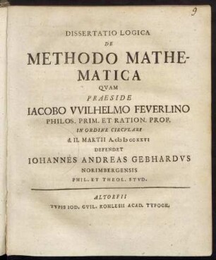 Dissertatio Logica De Methodo Mathematica