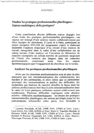 Etudier les pratiques professionnelles plurilingues : Enjeux analytiques, defis pratiques
