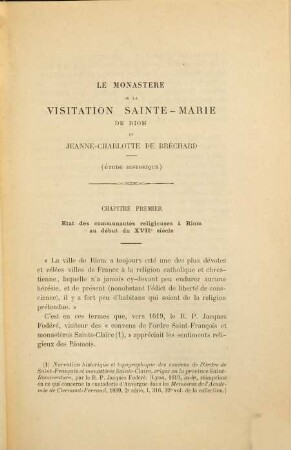 Le monastère de la Visitation Sainte-Marie de Riom et Jeanne-Charlotte de Bréchard : étude historique