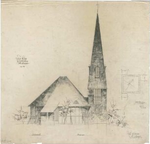 Gsaenger, Gustav; Wolfsburg; Ev. Kreuz Kirche, Gemeindehaus II - Südostseite (Ansicht); Lage der drei Turmuhren (Grundriss)
