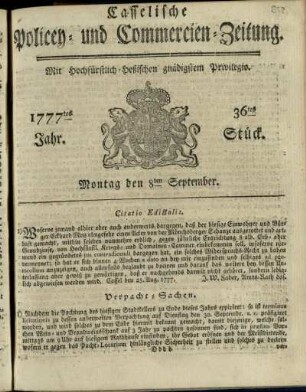 36tes Stueck, Montag den 8ten September 1777