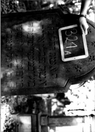 Grabstein 321 (Index: 100111976) Material: Sandstein Zustand: gut Maße HxBxT: 140x63x13 cm Beschreibung: Stele, schräg eingezogener Rundbogenabschluß, Schriftfeld eingetieft Symbolik: Blüten: Grabstein 321A