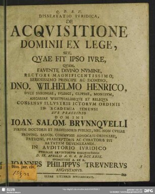 Dissertatio Iuridica De Acquisitione Dominii Ex Lege, Seu, Quae Fit Ipso Iure