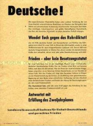 Propagandaflugblatt des Landesvolksausschusses Sachsen für Einheit und gerechten Frieden gegen das Besatzungsstatut der Westalliierten