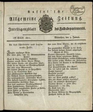 1tes Stueck, Mitwochen, den 3. Januar 1810