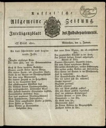 1tes Stueck, Mitwochen, den 3. Januar 1810